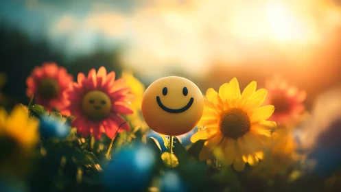 Smiley face sphere glows among sunlit summer flowers.