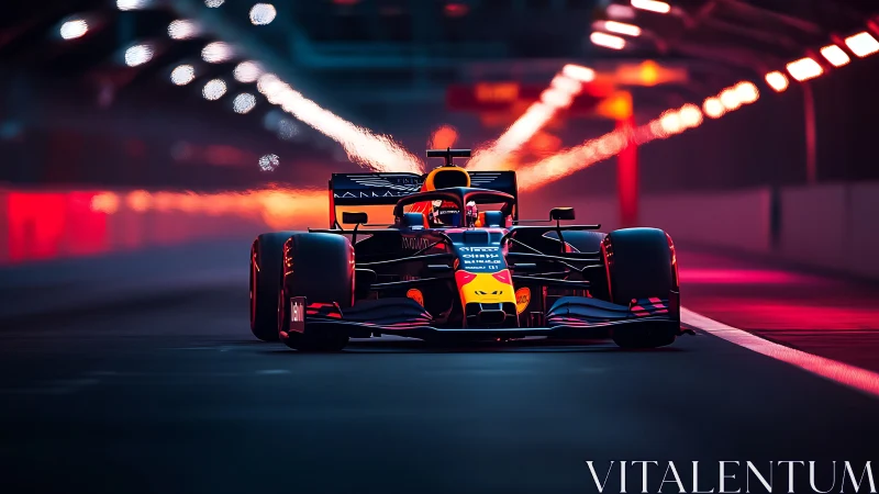 Night tunnel racer streaking through neon F1 city lights.