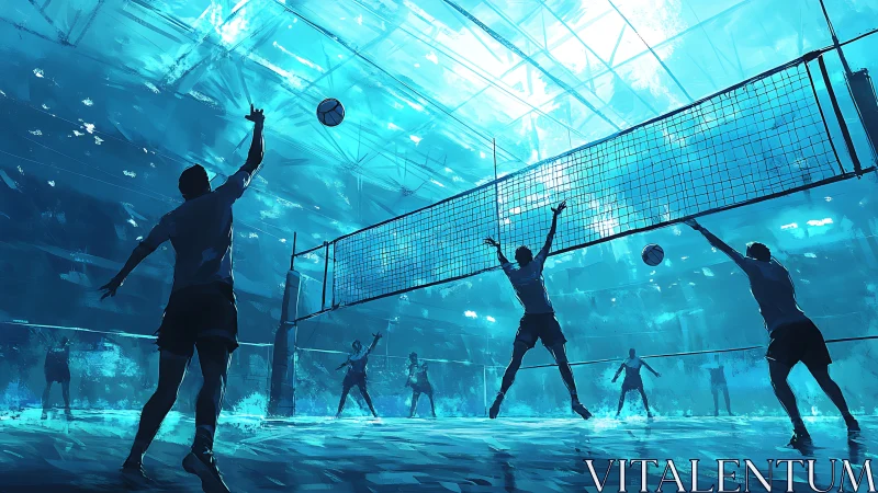 Intense indoor volleyball match under radiant teal light.