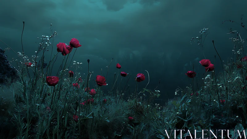 Red poppies in a dim teal night landscape scene.