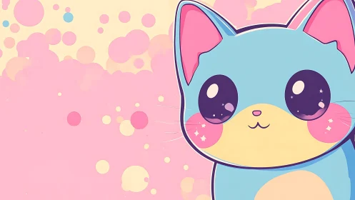 Pastel blue kawaii cat with sparkling starry eyes.
