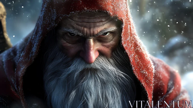 Weathered winter mage portrait in crimson hooded cloak.