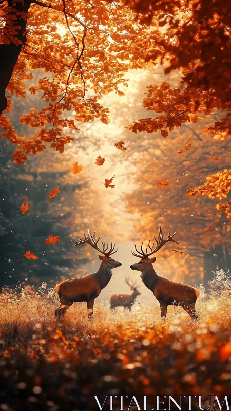 Stag gathering beneath a golden autumn forest glow.