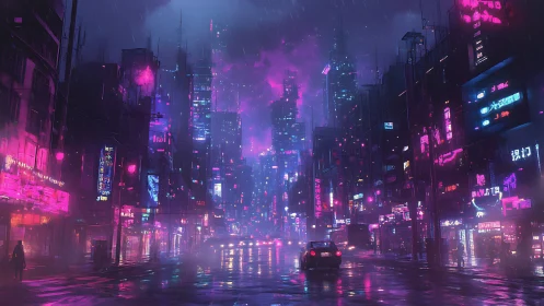 Neon soaked night city welcoming wanderers in soft rain.