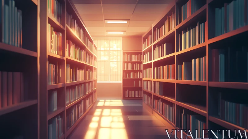 Sunlit modern library corridor with parallel bookshelves glowing.