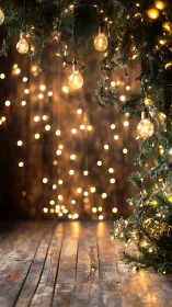 Rustic floorboards under curtain of golden holiday lights.