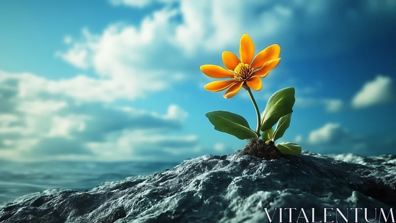 Solitary orange flower rising from rocky ocean outcrop.