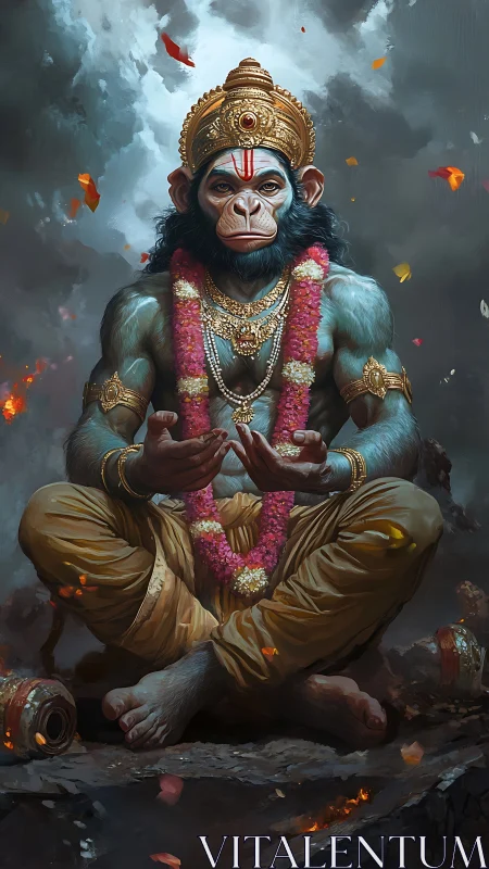 Divine simian deity meditates amid storm and falling embers