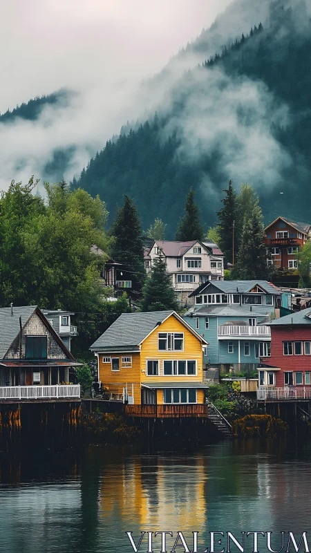 Fog draped mountain harbor houses reflect in still water.