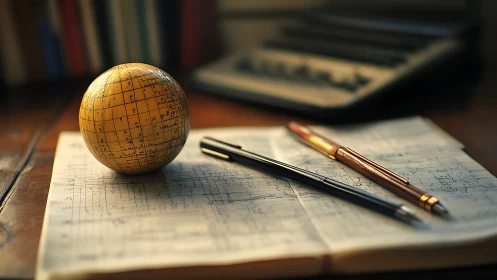 Desk with vintage globe, engineering notes, and pens.