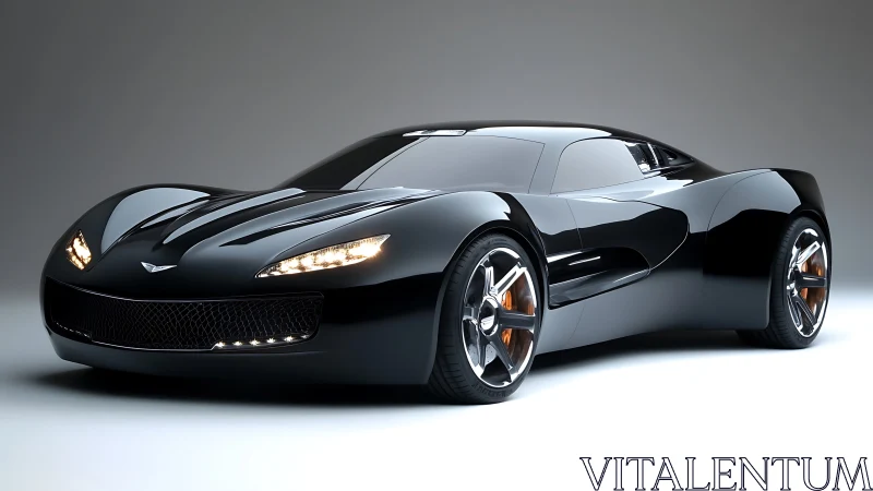 High-gloss black sports coupe render is shown in side-front view