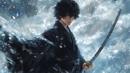 Stoic anime swordsman commands swirling winter storm.