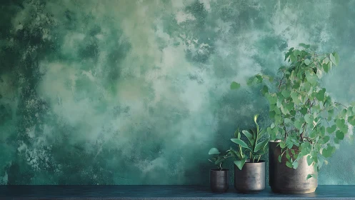 Gentle potted greenery rests against a dreamy teal wall