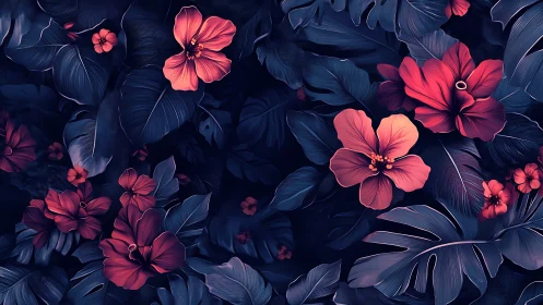 Digital rendering displays botanical composition with neon pink flora against deep navy background.