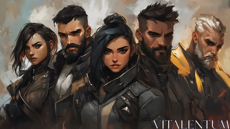 Group portrait of five stylized characters in uniformed attire.