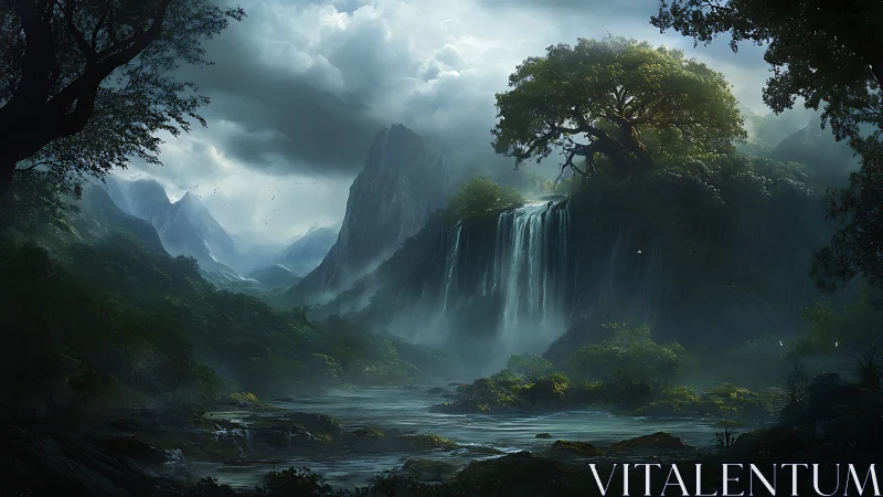 Misty Mountain Waterfall Valley Landscape.
