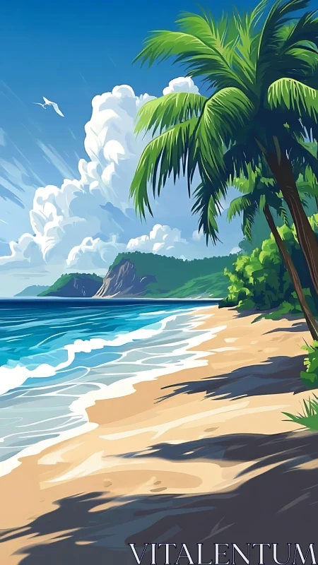 Tropical Coastal Landscape with Palm Trees and Cumulus Cloud Formation.
