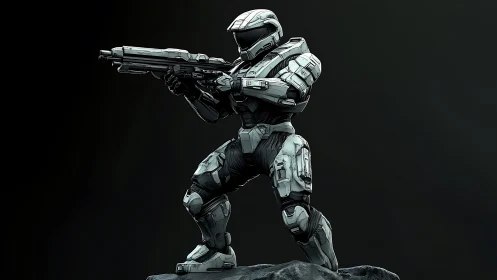 Armored sci fi soldier model holds rifle in low ready stance