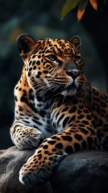 Calm leopard resting on sunlit rock in a quiet forest nook.