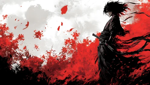 Solitary swordsman silhouette in red and monochrome field.