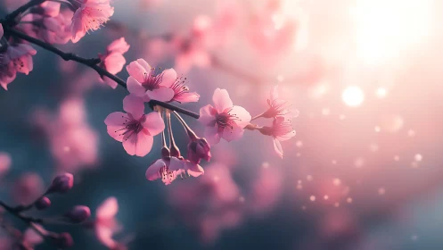 Cherry Blossom Branch with Depth-of-Field Bokeh and Backlighting