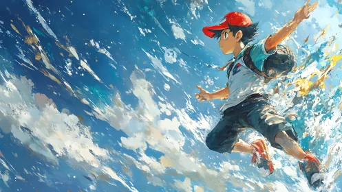 Dynamic anime boy leaping through painterly blue sky
