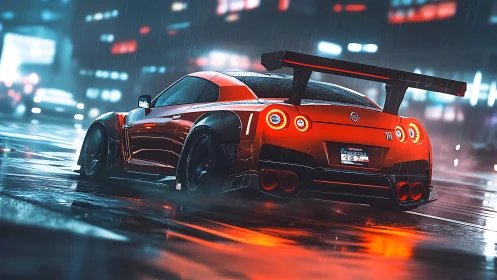 Midnight street samurai prowls through neon drenched rain