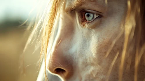 Soft sunrise gaze on a blue eyed horse in quiet focus.