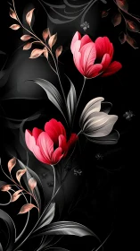 Red Tulips on Black. Digital Floral Art.