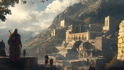 Hooded wanderers approach a sunlit mountain citadel.