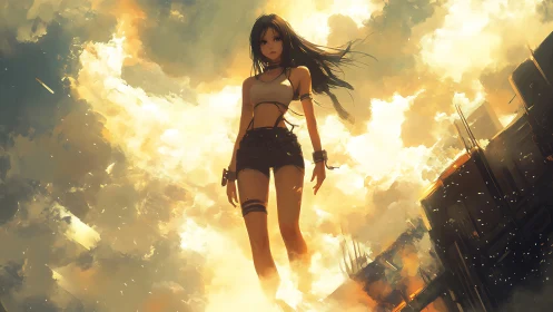 Stormlit anime warrior strides through burning skyline.