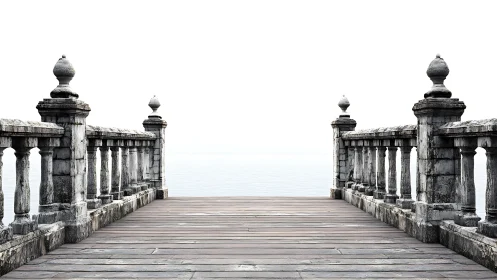 Weathered stone pier stretches into a white misty horizon.