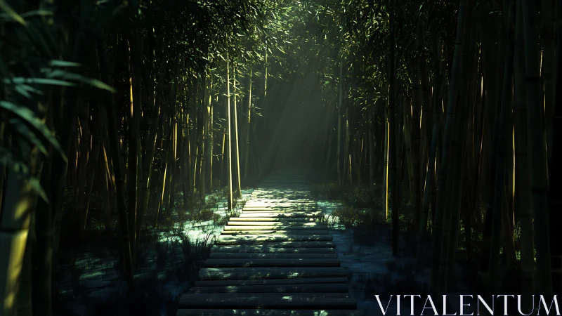 Luminous bamboo corridor with plank path and volumetric light.