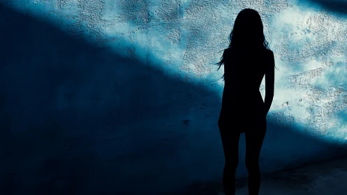 Silhouette drifts through diagonal oceans of painted shadow