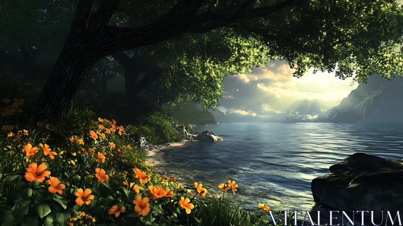 Sunlit lakeside clearing frames distant glowing horizon