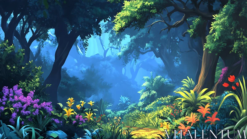 Enchanted Forest Glade with Tropical Blooms.