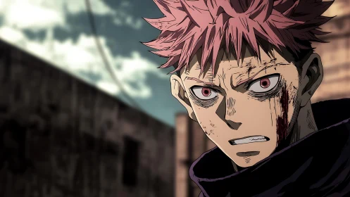 Battle-worn pink-haired anime teen in urban ruin close-up