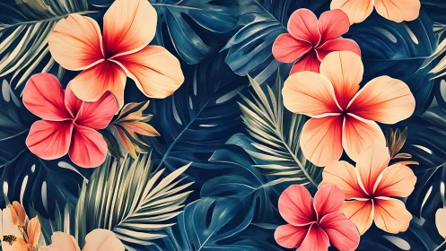 Tropical Floral Composition with Red and Coral Blossoms.