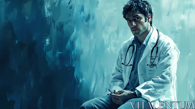 Thoughtful male doctor in white coat against blue backdrop.