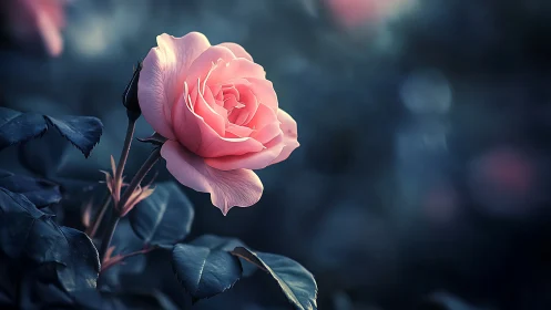 Pink rose blooms in twilight darkness with soft backlit glow