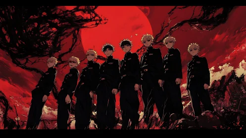 Group of uniformed youths under large red moon in ruins.