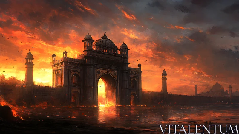 Fiery sunset crowns an ancient riverside gateway in warmth