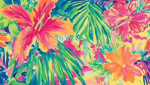 Vibrant Floral Composition with Tropical Hibiscus and Layered Palm Fronds