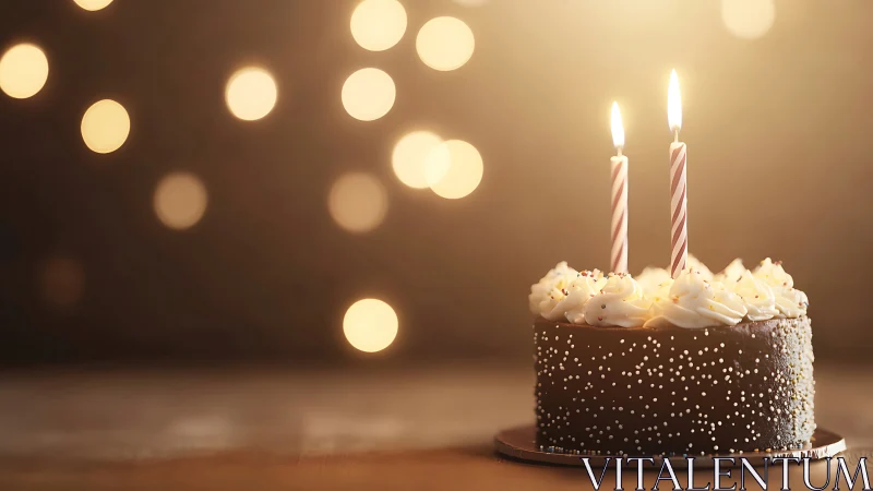 Birthday cake with lit candles against warm bokeh lighting background.
