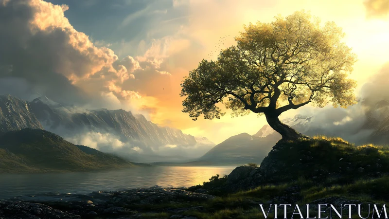 Solitary deciduous tree on rocky shore at low sun angle.