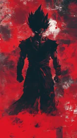 Fierce anime warrior rising from a storm of crimson energy.