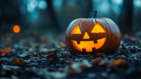 Jack-o’-lantern grin warms a chilly blue forest evening path