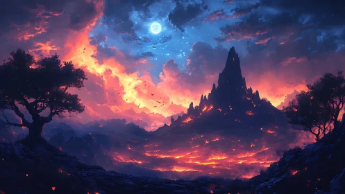 Apocalyptic Crater Valley: Full Moon Over Molten Landscape.