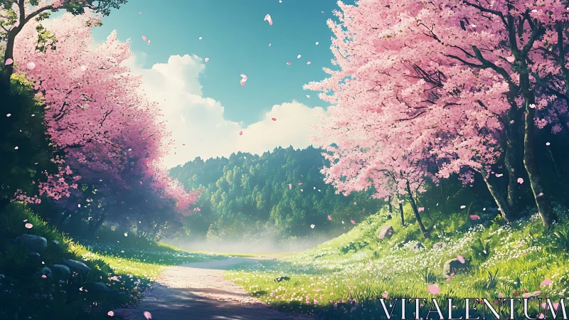 Sunlit spring pathway curves under blooming cherry trees