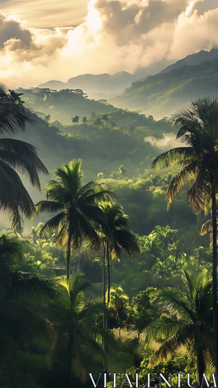 Layered tropical valley rendered with atmospheric depth and rim light